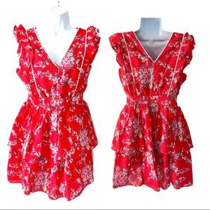 Betsey Johnson Bush GARDEN PRINT SEERSUCKER Tiered DRESS RED Sz Medium Ruffle